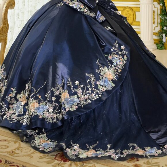 New Navy Off The Shoulder Quinceanera Floral Dress w/ Layered Skirt GL3792 - Picture 12 of 13